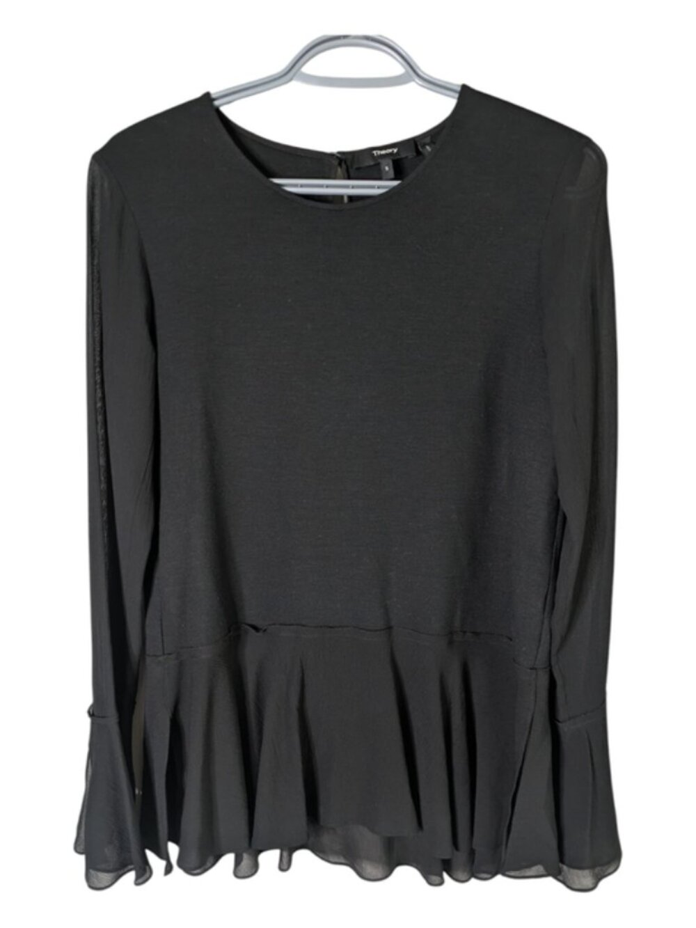 THEORY Peplum Lexanda C Idol Bell Sleeve Top Semi-sheer Sleeve Black Size Small